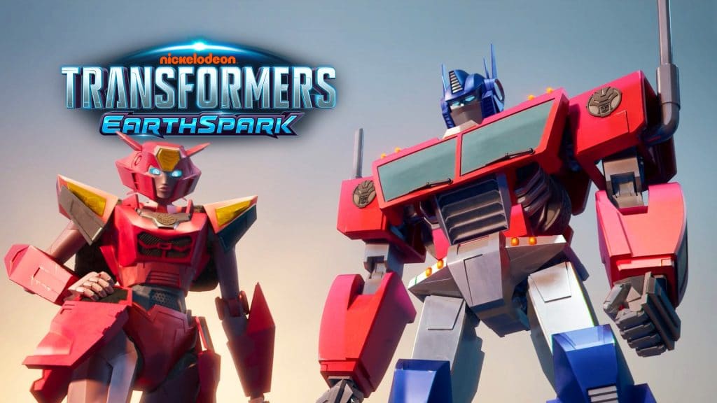 "Transformers: Earthspark" screenshot showing Optimus Prime standing with an unknown female Autobot.