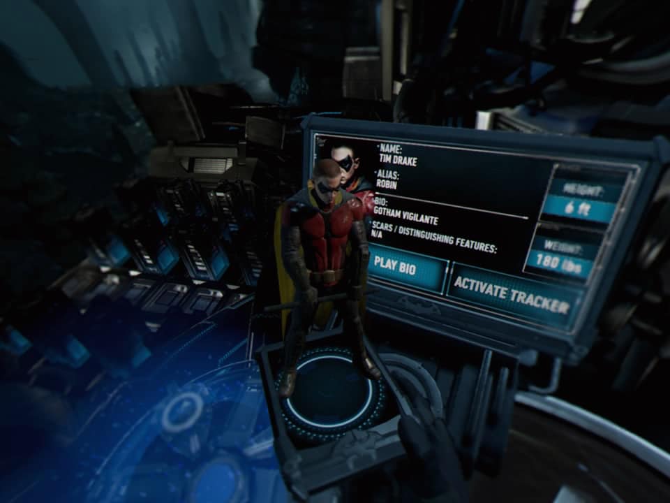 "Batman: Arkham VR" screenshot showing Batman apparently playing with a little Robin model.