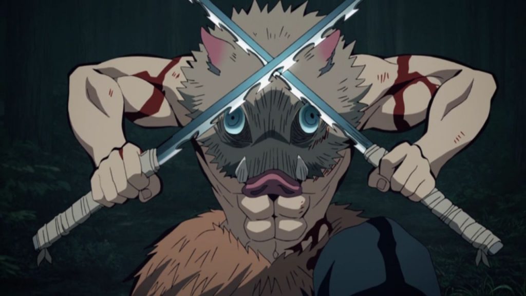 "Demon Slayer: Kimetsu no Yaiba" screenshot showing Inosuke with swords crossed.
