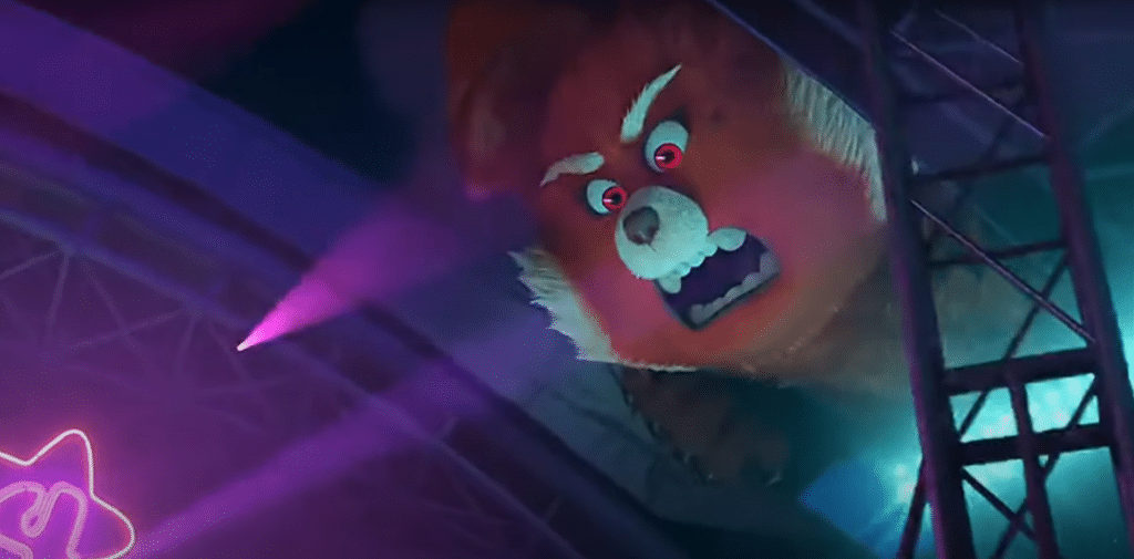 "Turning Red" screenshot showing Ming Lee in her red panda kaiju form, looking down into the SkyDome.