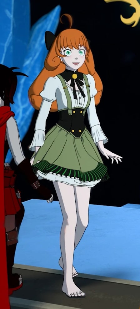 "RWBY Volume 8" screenshot showing Penny marveling at her new human body...a couple minutes before she loses it.