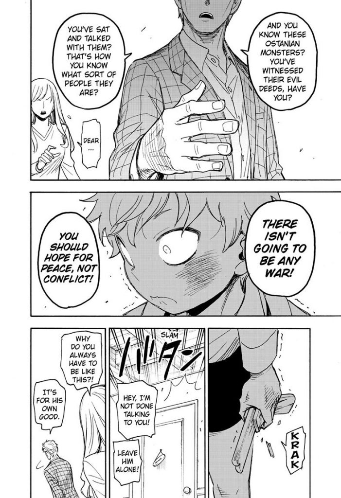 "Spy x Family" Ch. 62.1 manga page, showing young Loid's father ranting about peace after slapping his young son hard in the cheek.