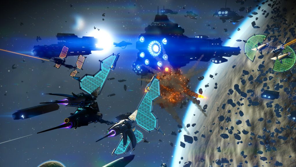 "No Man's Sky" Outlaws update screenshot featuring a solar ship in orbit.