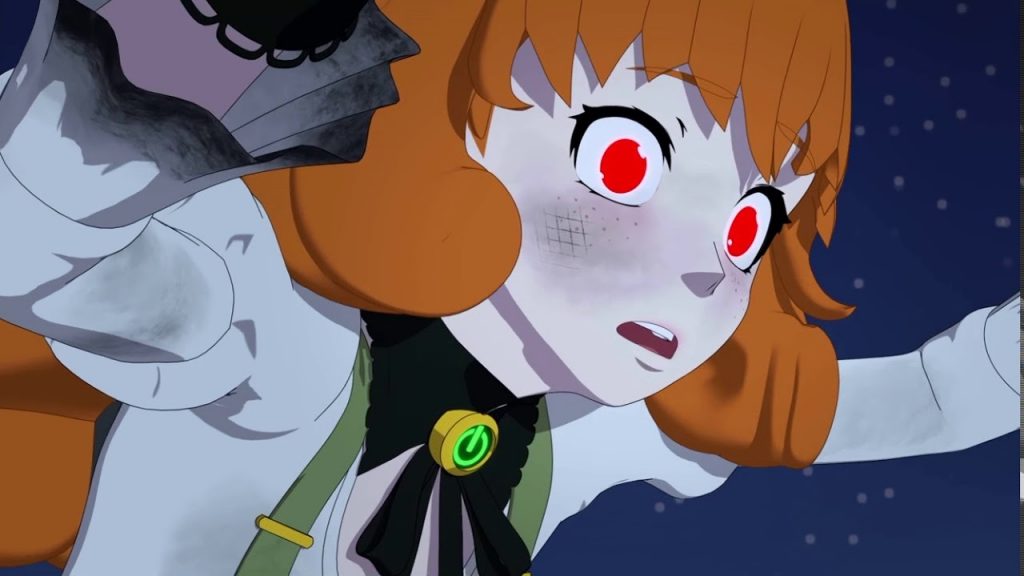 "RWBY Volume 8" screenshot showing Penny with the red eyes of hacked.