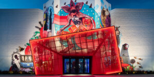 The Netflix House Philadelphia exterior entrance, pictured at night.