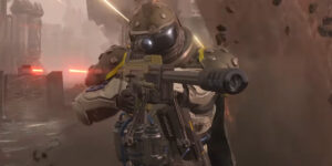 A Helldiver takes aim with a sniper rifle, on a chaotic battlefield, in Helldivers II.