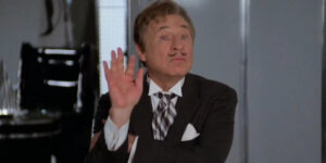 Mel Brooks proudly finishes the Skroob Salute in Spaceballs.